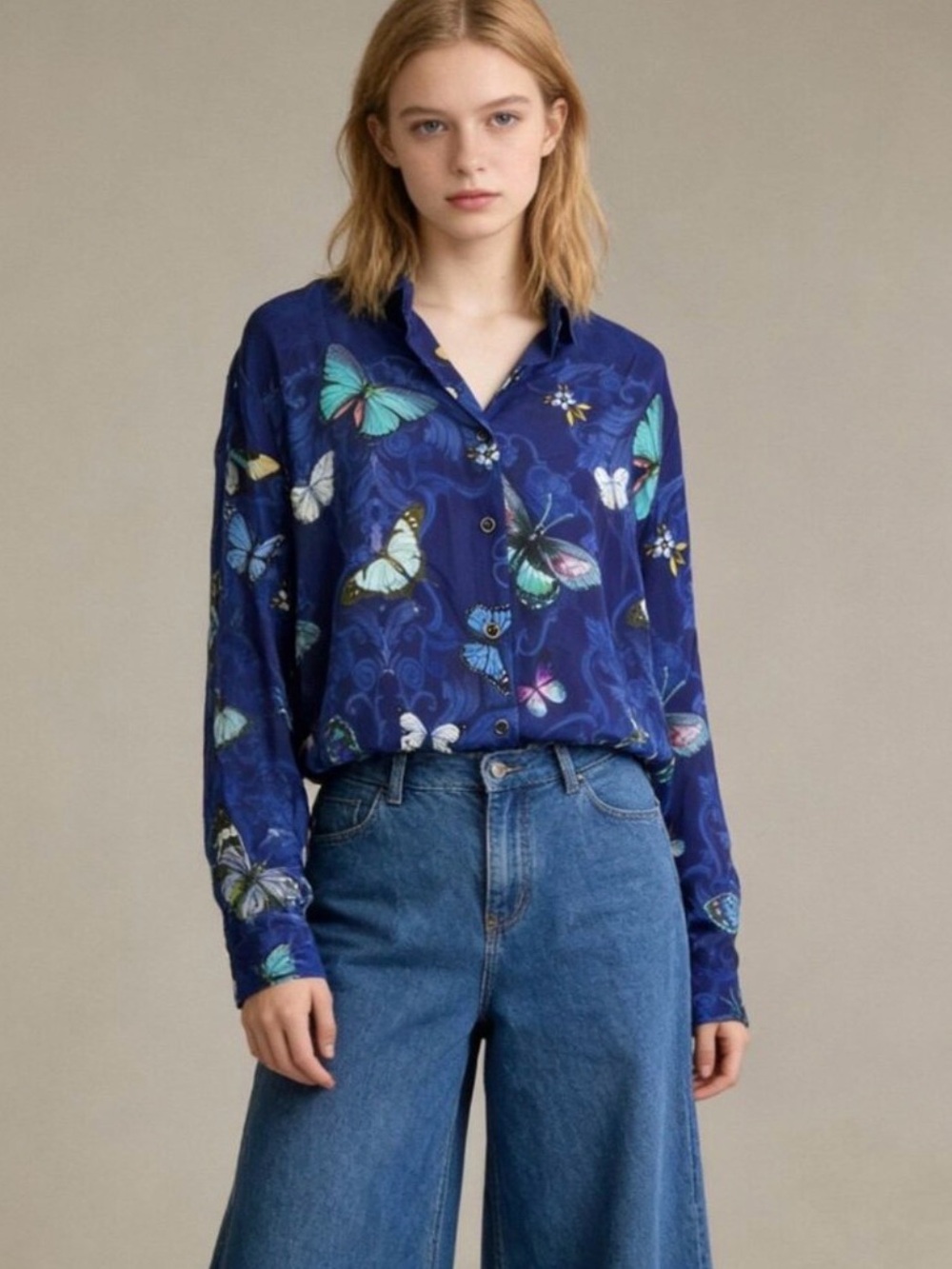 Johnny Was Navy Blue Butterfly Print Button-Up Blouse
